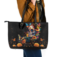 Mexican La Calaca and Marigold Flowers Leather Tote Bag Skull Day Of The Dead - Wonder Print Shop