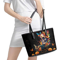 Mexican La Calaca and Marigold Flowers Leather Tote Bag Skull Day Of The Dead - Wonder Print Shop