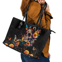 Mexican La Calaca and Marigold Flowers Leather Tote Bag Skull Day Of The Dead - Wonder Print Shop