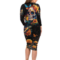 Mexican La Calaca and Marigold Flowers Long Sleeve Bodycon Dress Skull Day Of The Dead - Wonder Print Shop