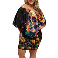 Mexican La Calaca and Marigold Flowers Off Shoulder Short Dress Skull Day Of The Dead - Wonder Print Shop