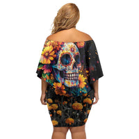 Mexican La Calaca and Marigold Flowers Off Shoulder Short Dress Skull Day Of The Dead - Wonder Print Shop