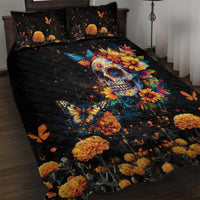 Mexican La Calaca and Marigold Flowers Quilt Bed Set Skull Day Of The Dead - Wonder Print Shop