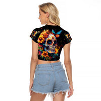Mexican La Calaca and Marigold Flowers Raglan Cropped T Shirt Skull Day Of The Dead - Wonder Print Shop
