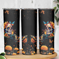Mexican La Calaca and Marigold Flowers Skinny Tumbler Skull Day Of The Dead - Wonder Print Shop
