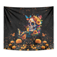 Mexican La Calaca and Marigold Flowers Tapestry Skull Day Of The Dead - Wonder Print Shop