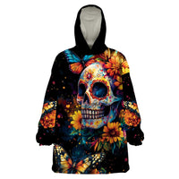 Mexican La Calaca and Marigold Flowers Wearable Blanket Hoodie Skull Day Of The Dead - Wonder Print Shop