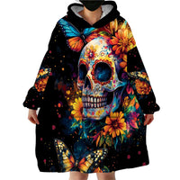 Mexican La Calaca and Marigold Flowers Wearable Blanket Hoodie Skull Day Of The Dead - Wonder Print Shop