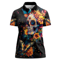 Mexican La Calaca and Marigold Flowers Women Polo Shirt Skull Day Of The Dead - Wonder Print Shop