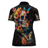 Mexican La Calaca and Marigold Flowers Women Polo Shirt Skull Day Of The Dead - Wonder Print Shop