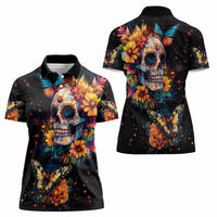 Mexican La Calaca and Marigold Flowers Women Polo Shirt Skull Day Of The Dead - Wonder Print Shop