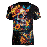 Mexican La Calaca and Marigold Flowers Women V-Neck T-Shirt Skull Day Of The Dead - Wonder Print Shop