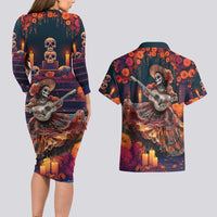 Mexican La Catrina Skeletons Dancing Couples Matching Long Sleeve Bodycon Dress and Hawaiian Shirt Dia de Los Muertos Verion 1 LT9 - Wonder Print Shop