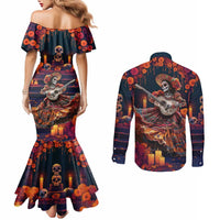 Mexican La Catrina Skeletons Dancing Couples Matching Mermaid Dress and Long Sleeve Button Shirt Dia de Los Muertos Verion 1