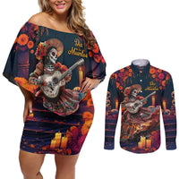 Mexican La Catrina Skeletons Dancing Couples Matching Off Shoulder Short Dress and Long Sleeve Button Shirt Dia de Los Muertos Verion 1 LT9 - Wonder Print Shop