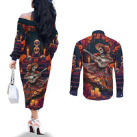 Mexican La Catrina Skeletons Dancing Couples Matching Off The Shoulder Long Sleeve Dress and Long Sleeve Button Shirt Dia de Los Muertos Verion 1