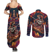 Mexican La Catrina Skeletons Dancing Couples Matching Summer Maxi Dress and Long Sleeve Button Shirt Dia de Los Muertos Verion 1 LT9 - Wonder Print Shop