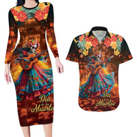 Mexican La Catrina Skeletons Dancing Couples Matching Long Sleeve Bodycon Dress and Hawaiian Shirt Dia de Los Muertos Verion 2 LT9 - Wonder Print Shop