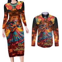 Mexican La Catrina Skeletons Dancing Couples Matching Long Sleeve Bodycon Dress and Long Sleeve Button Shirt Dia de Los Muertos Verion 2 LT9 - Wonder Print Shop