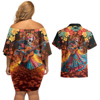 Mexican La Catrina Skeletons Dancing Couples Matching Off Shoulder Short Dress and Hawaiian Shirt Dia de Los Muertos Verion 2 LT9 - Wonder Print Shop
