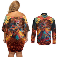 Mexican La Catrina Skeletons Dancing Couples Matching Off Shoulder Short Dress and Long Sleeve Button Shirt Dia de Los Muertos Verion 2 LT9 - Wonder Print Shop