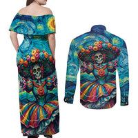 Día de los Muertos Couples Matching Off Shoulder Maxi Dress and Long Sleeve Button Shirt A Swirl of Colors and Souls - Wonder Print Shop