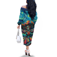 Día de los Muertos Family Matching Off The Shoulder Long Sleeve Dress and Hawaiian Shirt A Swirl of Colors and Souls - Wonder Print Shop