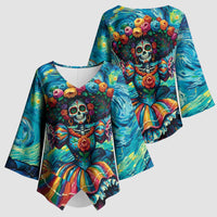 Día de los Muertos Kimono Sleeve Blouse A Swirl of Colors and Souls - Wonder Print Shop