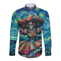 Día de los Muertos Long Sleeve Button Shirt A Swirl of Colors and Souls - Wonder Print Shop
