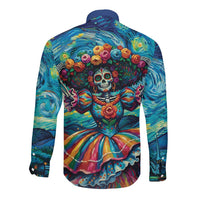 Día de los Muertos Long Sleeve Button Shirt A Swirl of Colors and Souls - Wonder Print Shop