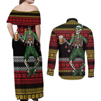 Lederhosen Skeleton Dance Couples Matching Off Shoulder Maxi Dress and Long Sleeve Button Shirt Bavarian Gothic Christmas - Wonder Print Shop