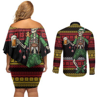Lederhosen Skeleton Dance Couples Matching Off Shoulder Short Dress and Long Sleeve Button Shirt Bavarian Gothic Christmas - Wonder Print Shop