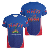 World Football Haiti 2026 Women V-Neck T-Shirt Haiti est de Retour Blue Voodoo Veve Spirits - Wonder Print Shop