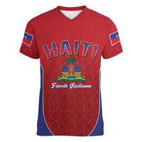 World Football Haiti 2026 Women V-Neck T-Shirt Haiti est de Retour Red Voodoo Veve Spirits - Wonder Print Shop