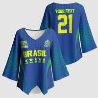 Custom Brazil World Football Legacy Kimono Sleeve Blouse 5 Times History Champions Blue Version - Wonder Print Shop