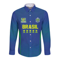 Custom Brazil World Football Legacy Long Sleeve Button Shirt 5 Times History Champions Blue Version - Wonder Print Shop