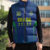 Custom Brazil World Football Legacy Sleeveless Puffer Jacket 5 Times History Champions Blue Version - Wonder Print Shop