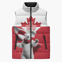 I Stand With Greenland Sleeveless Puffer Jacket Red and White Side by Side