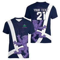 Custom Scotland Rugby Women V Neck T Shirt Scottish Lion and Thistle - Wonder Print Shop