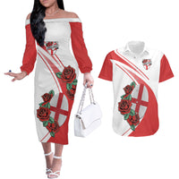 Custom England Rugby Couples Matching Off The Shoulder Long Sleeve Dress and Hawaiian Shirt Red Rose Sporty Style LT9 - Wonder Print Shop