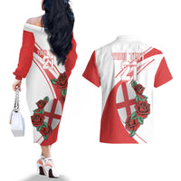 Custom England Rugby Couples Matching Off The Shoulder Long Sleeve Dress and Hawaiian Shirt Red Rose Sporty Style LT9 - Wonder Print Shop