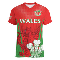 Custom Wales Rugby Women V Neck T Shirt With Prince of Waless Feathers Go Cymru - Wonder Print Shop
