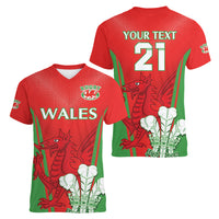 Custom Wales Rugby Women V Neck T Shirt With Prince of Waless Feathers Go Cymru - Wonder Print Shop