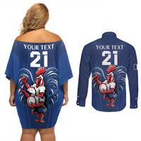 Custom France Rugby Couples Matching Off Shoulder Short Dress and Long Sleeve Button Shirt Le XV de France Gallic Rooster LT9 - Wonder Print Shop
