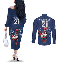 Custom France Rugby Couples Matching Off The Shoulder Long Sleeve Dress and Long Sleeve Button Shirt Le XV de France Gallic Rooster