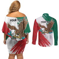 Eagle Devouring Snake Mexican Emblem Personalized Couples Matching Off Shoulder Short Dress and Long Sleeve Button Shirt Grunge Flag Style