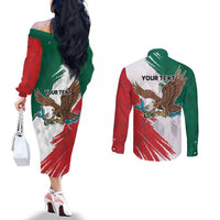 Eagle Devouring Snake Mexican Emblem Personalized Couples Matching Off The Shoulder Long Sleeve Dress and Long Sleeve Button Shirt Grunge Flag Style