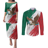 Eagle Devouring Snake Mexican Emblem Personalized Couples Matching Puletasi and Long Sleeve Button Shirt Grunge Flag Style