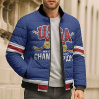 Custom United States Hockey 1980-2026 Gold Medal Bomber Puffer Jacket Embroidery Effect Blue Style