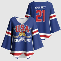 Custom United States Hockey 1980-2026 Gold Medal Kimono Sleeve Blouse Embroidery Effect Blue Style